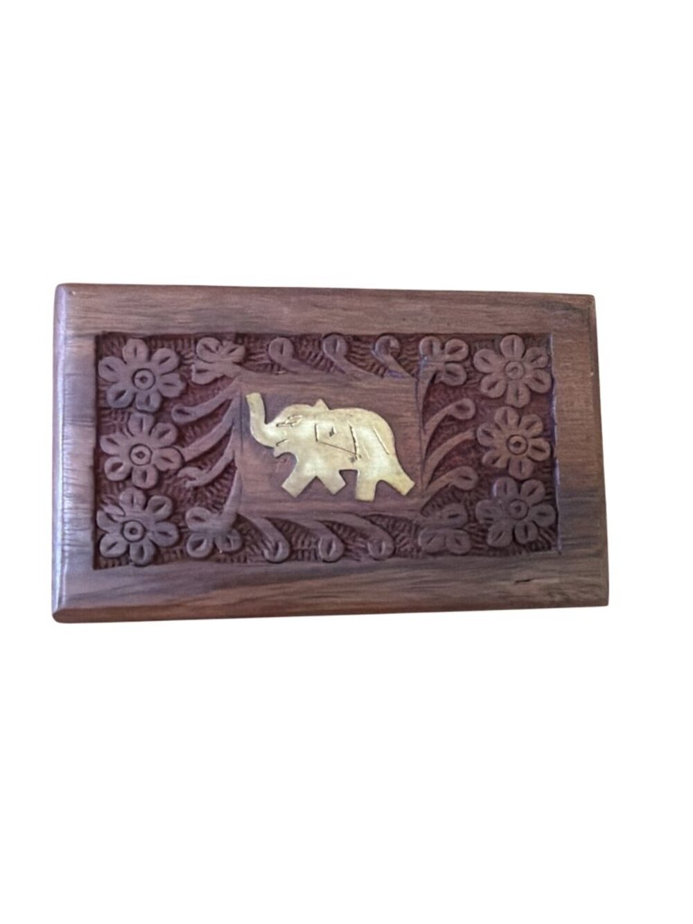 Hand Carved Wooden Teak Trinket Jewelry Box Wood with Brass Elephant 5x3”